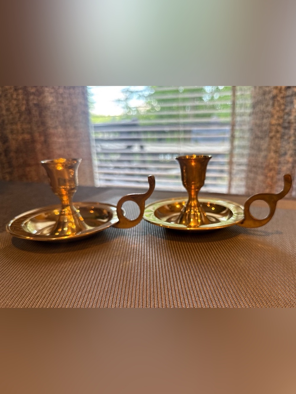 Pair of Solid Brass Chamberstick Candle Holders.